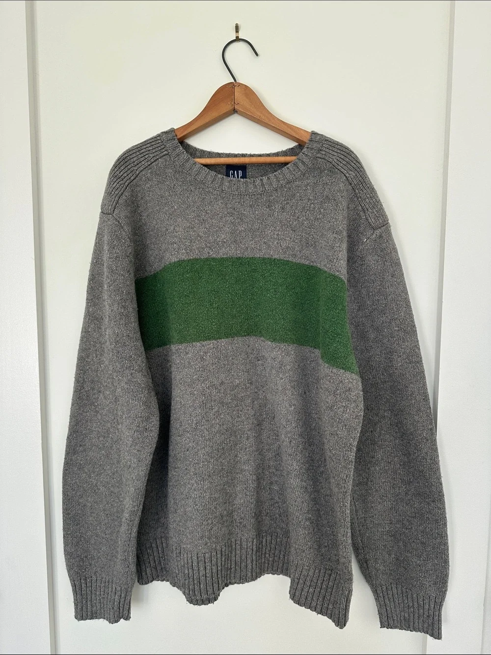 GAP Gray Green Stripe Crewneck Sweater Vintage XL Oversized Cotton Wool Blend